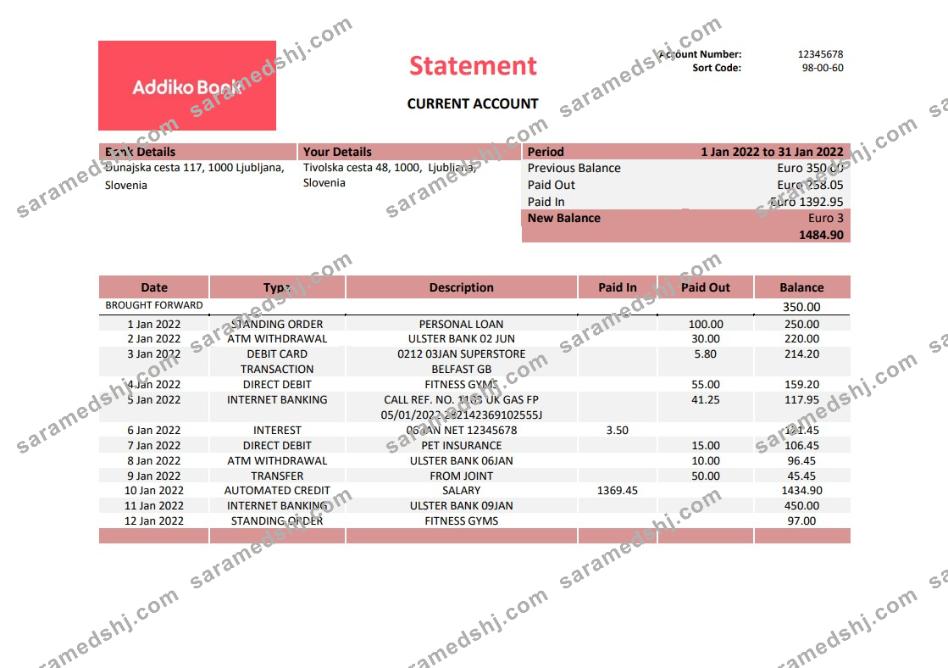 Slovenia Addiko bank statement